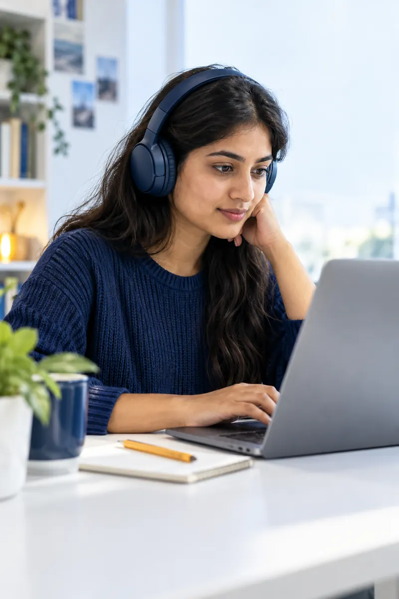 A learner with headphones working through a lesson on a laptop