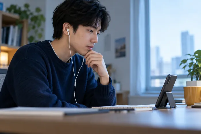 A learner practising a spoken answer at a laptop