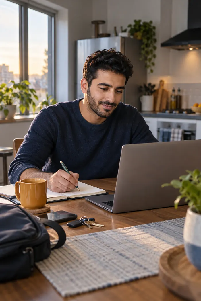 A laptop, notebook and a cup of coffee on an everyday desk